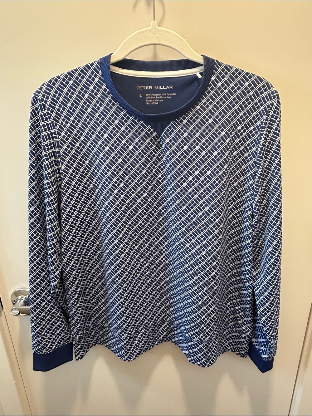 Peter Millar Lightweight Blue and White Geometric Pattern Pullover